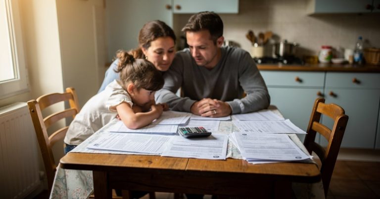Famille remplissant une demande d aide au logement à la CAF