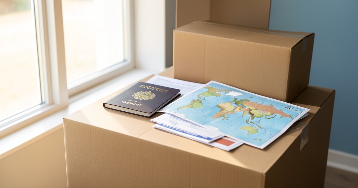 Cartons de déménagement avec passeport et documents administratifs près d'une fenêtre
