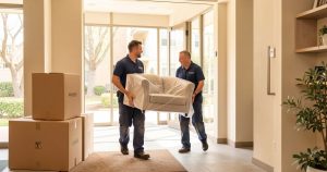 Deux déménageurs professionnels portant un carton et un fauteuil dans l'entrée d'un immeuble