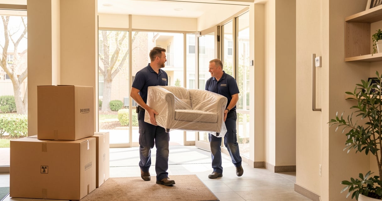 Deux déménageurs professionnels portant un carton et un fauteuil dans l'entrée d'un immeuble