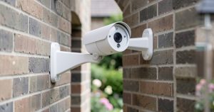 Caméra de surveillance extérieure fixée sur la façade en briques d une maison