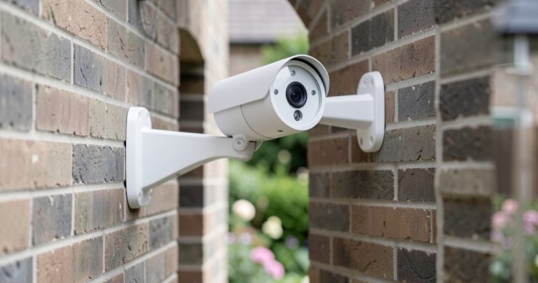 Caméra de surveillance extérieure fixée sur la façade en briques d une maison