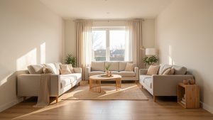 Salon lumineux et rénové dans un logement social, ambiance sobre, fenêtres avec rideaux, lumière naturelle et meubles simples.