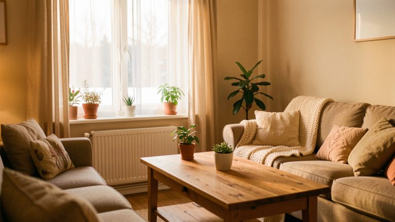 Salon de logement social chaleureux en hiver, lumière douce entrant par une fenêtre équipée, coussins et plaid confortables, ambiance lumineuse et apaisante.