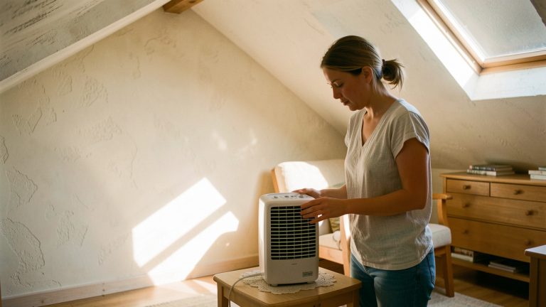 Une locataire examine une petite climatisation mobile dans un appartement lumineux sous les toits pendant une canicule, avec des rayons de soleil sur un mur clair.