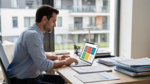 Un salarié français consulte un ordinateur sur un bureau où sont rangés des documents administratifs, avec des immeubles résidentiels modernes visibles en arrière-plan.
