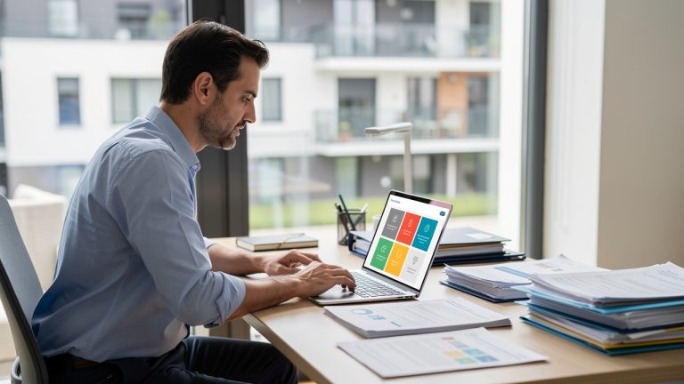 Un salarié français consulte un ordinateur sur un bureau où sont rangés des documents administratifs, avec des immeubles résidentiels modernes visibles en arrière-plan.