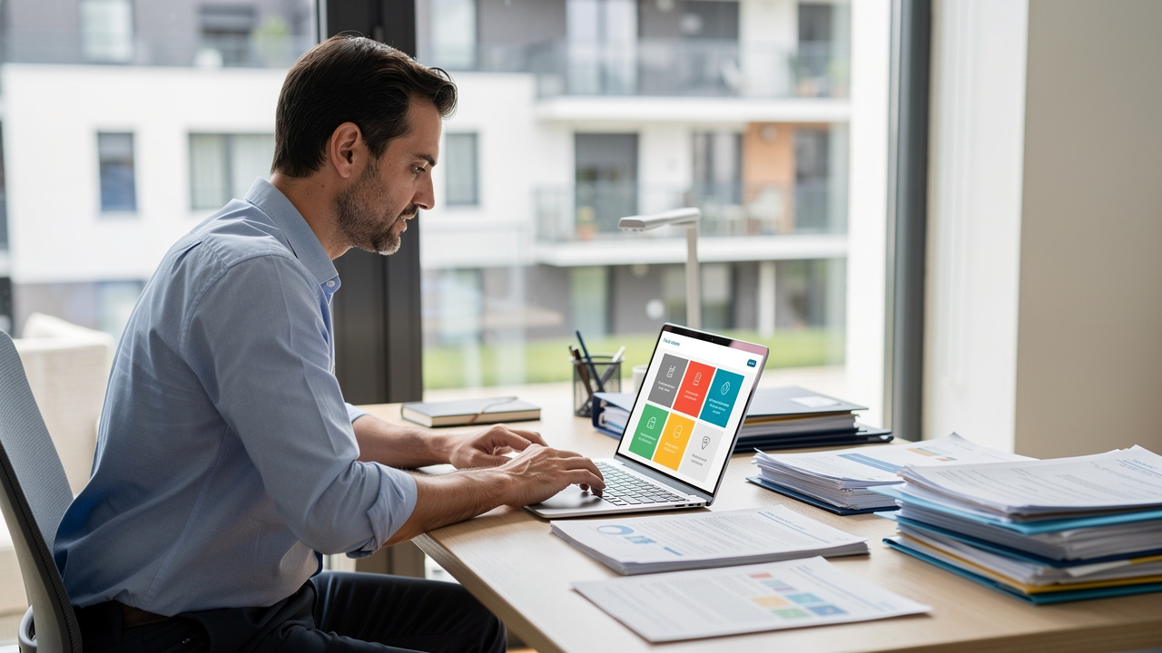 Un salarié français consulte un ordinateur sur un bureau où sont rangés des documents administratifs, avec des immeubles résidentiels modernes visibles en arrière-plan.