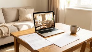 Appartement meublé lumineux préparé pour une location touristique, avec un ordinateur portable et des documents administratifs vierges sur une table.
