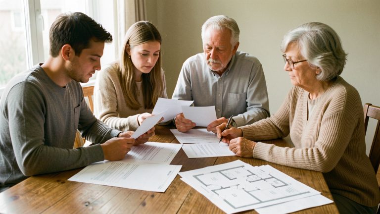 Jeune couple adulte et parents réunis autour d’une table pour examiner des documents de prêt immobilier et les plans d’un appartement, dans une lumière naturelle.