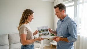 Une locataire et un propriétaire comparent un document vierge, des photos du logement et un carnet de notes dans un appartement lumineux.