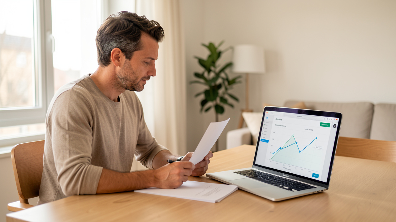 Un homme français consulte des documents vierges et une interface abstraite de calcul de loyer sur un ordinateur, dans un appartement lumineux.