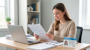 Locataire vérifiant des documents officiels d’agence immobilière à côté d’un ordinateur dans un bureau lumineux et rassurant.