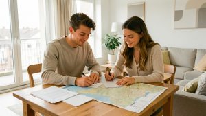 Un jeune couple consulte une carte de France et des documents immobiliers vierges dans un appartement lumineux.