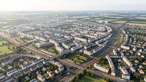 Vue aérienne réaliste de l’Île-de-France montrant Paris, la petite couronne et la grande couronne, avec des gares, des immeubles, des maisons familiales, des axes routiers et des espaces verts.
