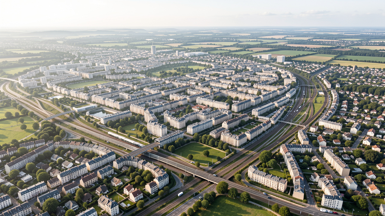 Vue aérienne réaliste de l’Île-de-France montrant Paris, la petite couronne et la grande couronne, avec des gares, des immeubles, des maisons familiales, des axes routiers et des espaces verts.