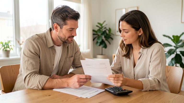 Un homme et une femme consultent des documents financiers vierges et une calculatrice sur une table en bois dans un appartement lumineux.