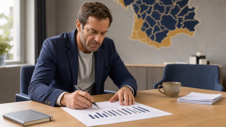 Un investisseur examine un tableau de rentabilité locative devant une carte stylisée et sans inscription de la région Occitanie, dans un bureau moderne à l’ambiance sobre et professionnelle.