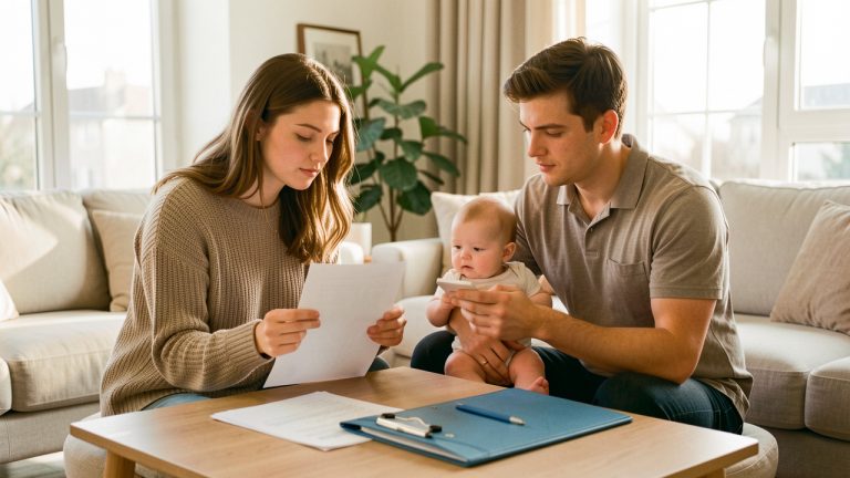 Un jeune couple avec son bébé examine des documents vierges liés à un projet immobilier dans un appartement lumineux.