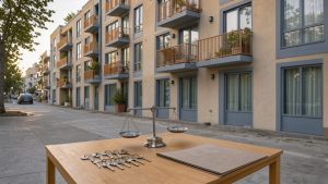 Immeuble de logement social moderne avec des clés, un dossier administratif vierge et une balance symbolisant l’évaluation des revenus.