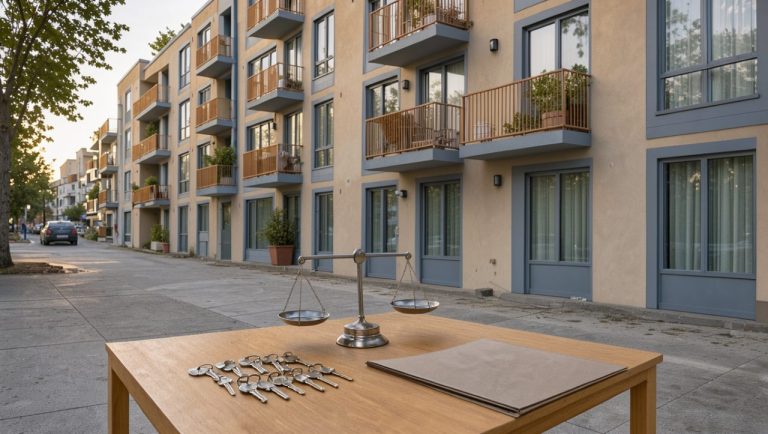 Immeuble de logement social moderne avec des clés, un dossier administratif vierge et une balance symbolisant l’évaluation des revenus.