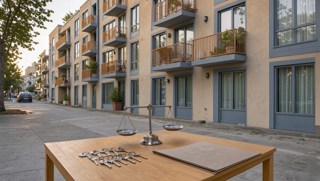 Immeuble de logement social moderne avec des clés, un dossier administratif vierge et une balance symbolisant l’évaluation des revenus.