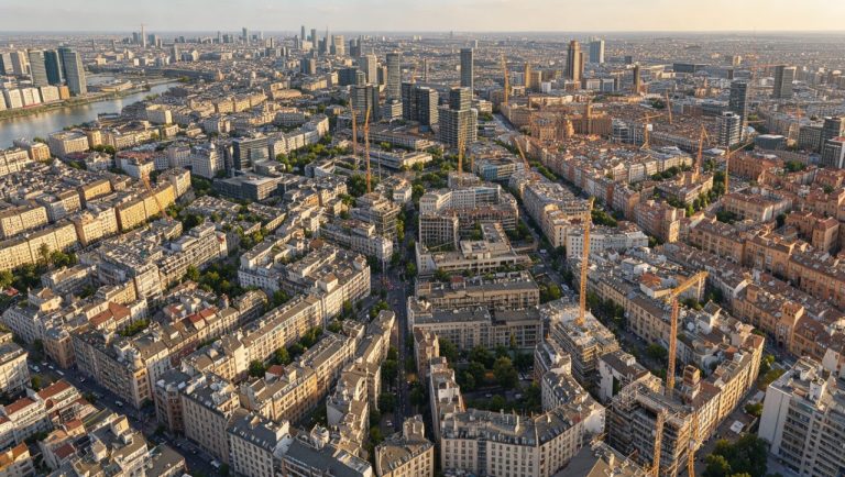 Vue aérienne réaliste de cinq grandes villes européennes avec des immeubles résidentiels, des grues de chantier et des quartiers urbains denses baignés par la lumière chaude de la fin d’après-midi.